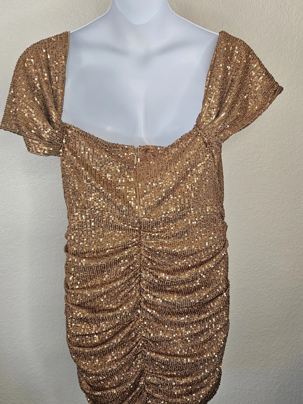 PrettyLittleThing Bronze Sequin Draped Mini Dress - Picture 5 of 6